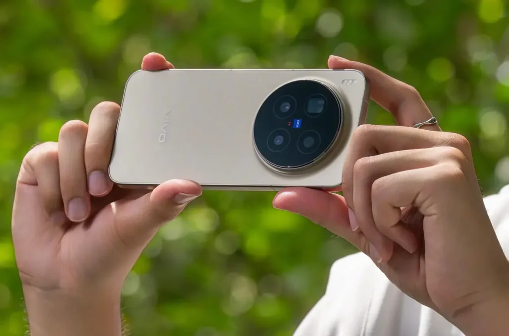 Close-up shot of Vivo X300 Pro highlighting its Zeiss-powered 200MP telephoto sensor.