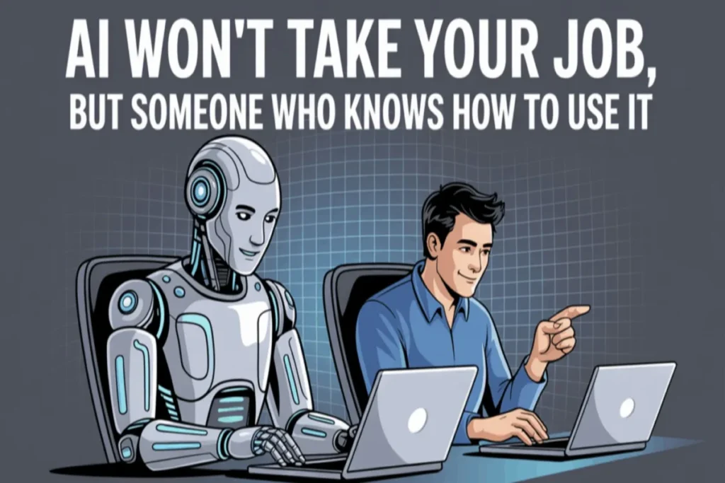 A tech professional analyzing a glowing AI brain hologram, symbolizing that AI will not steal tech jobs but enhance human potential.