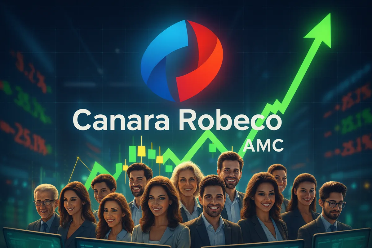 Canara Robeco AMC share price surges with investors tracking live stock market charts on screen.