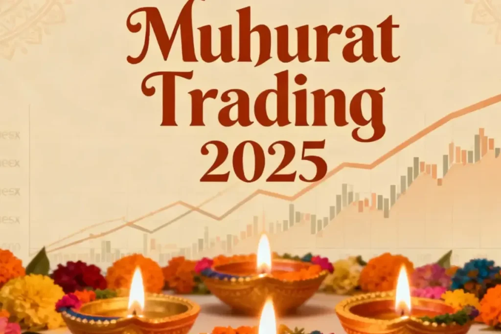 Smiling Indian trader watching a green upward stock chart on his laptop with Diwali lamps around, capturing the festive spirit of Diwali Muhurat Trading 2025.