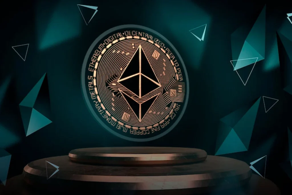 ETH rebound concept showing Ethereum coin rising with upward arrow on trading chart, reflecting price recovery and positive crypto market sentiment.
