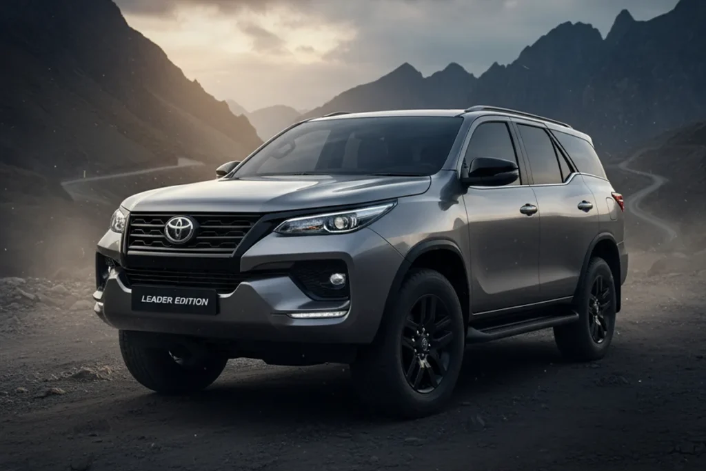 2025 Toyota Fortuner Leader Edition with dual-tone exterior, black alloy wheels, and premium interior upgrades displayed on a mountain road backdrop.