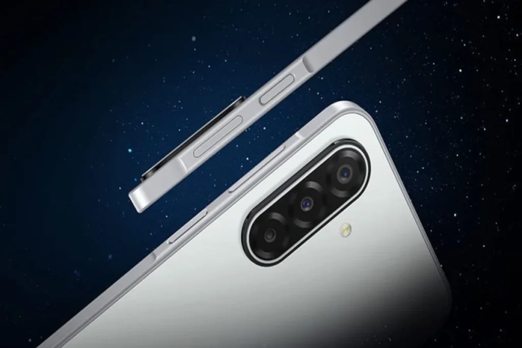Samsung Galaxy M17 5G smartphone with dual camera and 50MP lens, featuring glowing 5G wave effect on dark background.