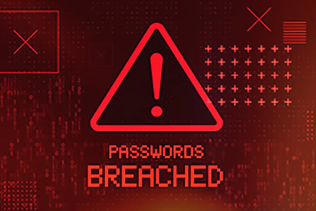 Laptop displaying Gmail logo surrounded by red alert symbols and digital code effects, symbolizing the large-scale Gmail data breach 2025 affecting global users.