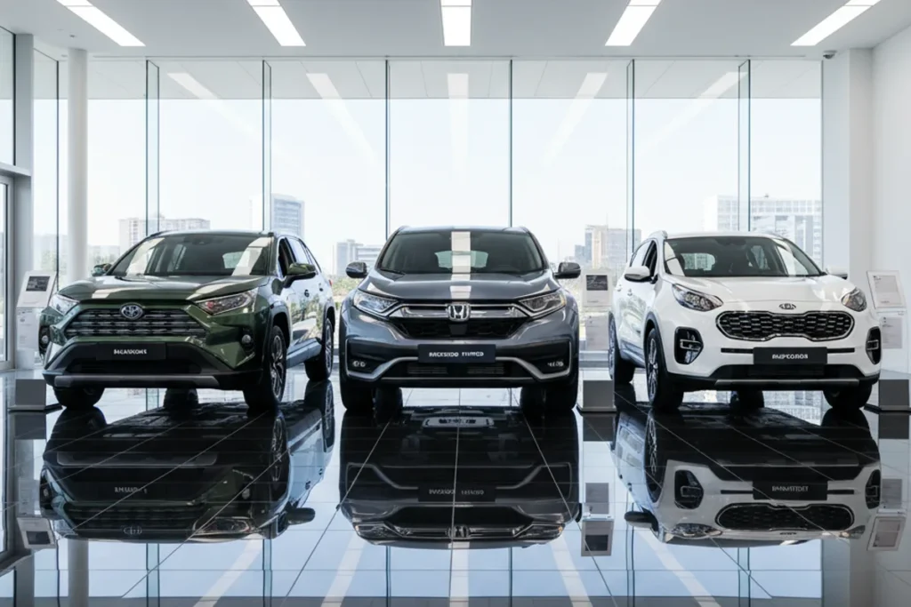Honda CR-V hybrid review image showing the 2025 CR-V Hybrid parked in a stylish car showroom with elegant lighting and sleek SUV styling.
