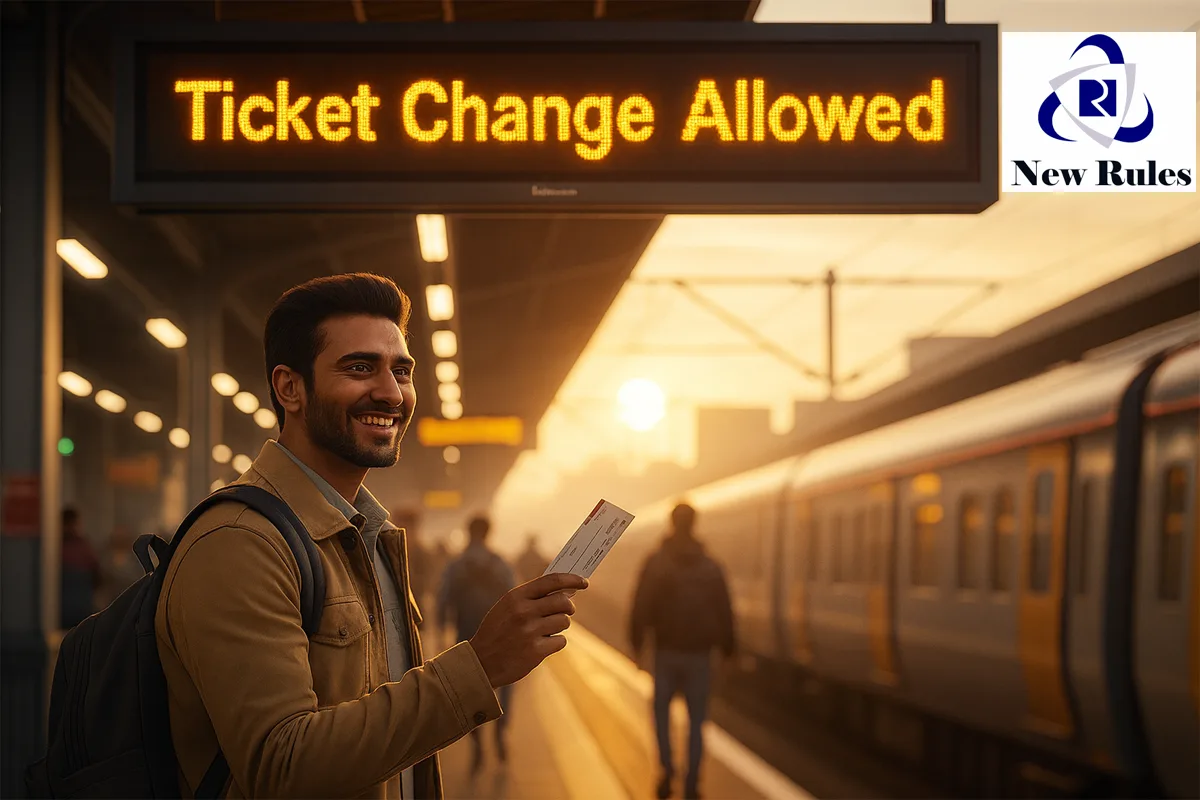 Man holding train ticket at station under “Ticket Change Allowed” sign showing IRCTC new ticket policy flexibility.