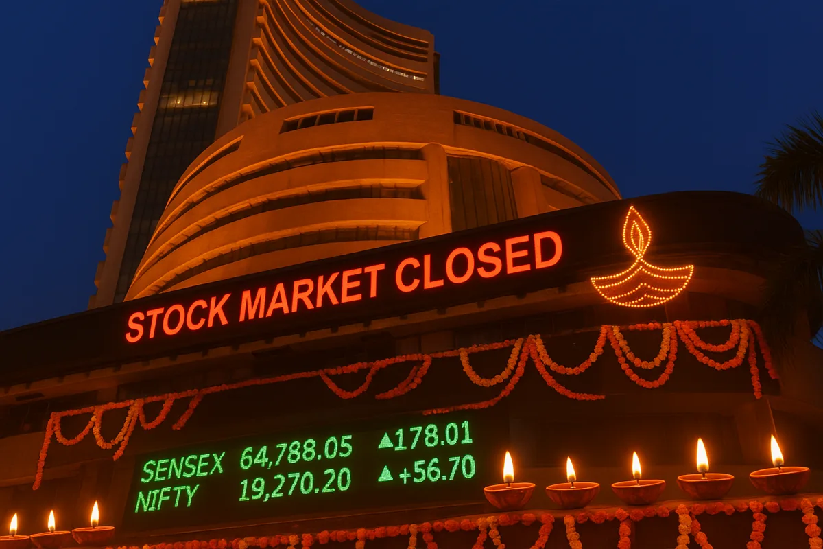Night view of Bombay Stock Exchange decorated for Diwali with glowing lights and a board showing “Stock Market Closed,” representing the Indian Stock Market Closed for the festival.