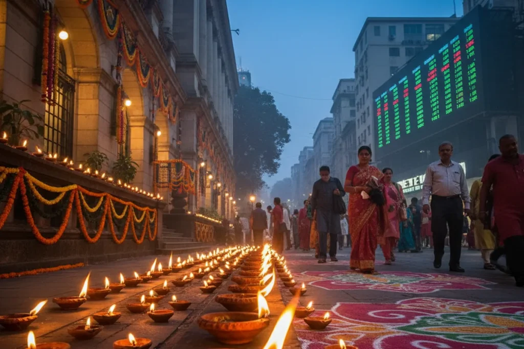 Illuminated Bombay Stock Exchange building at night with “Stock Market Closed” sign, representing the Indian stock market holiday 2025 during Diwali celebrations.