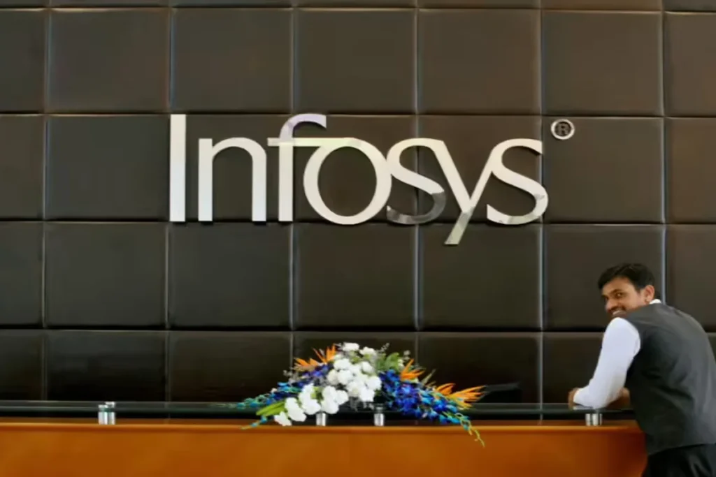 Infosys Q2 Results chart displaying quarterly profit increase, revenue performance, and revised FY26 growth outlook.