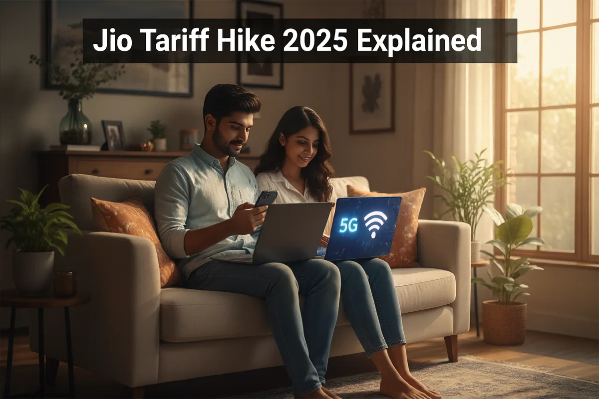 Indian couple sitting on a sofa using laptop and phone with 5G Wi-Fi symbol, representing the impact of the Jio Tariff Hike in 2025.