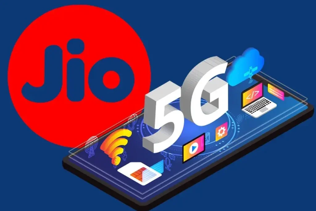 Indian couple sitting on a sofa browsing on laptop and phone with 5G Wi-Fi symbol, depicting the impact of the latest jio tariff hike news in 2025.  