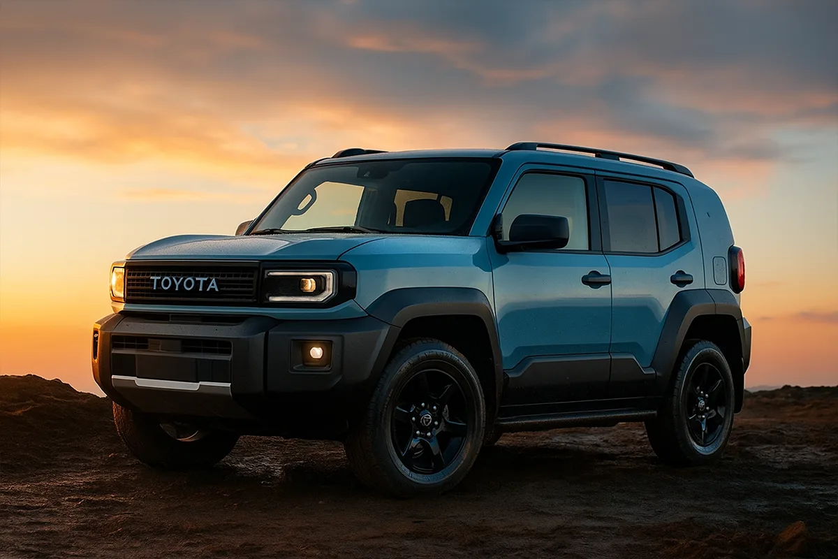 Toyota Land Cruiser FJ parked on a rocky landscape at sunset showcasing its rugged build and adventure-ready design.