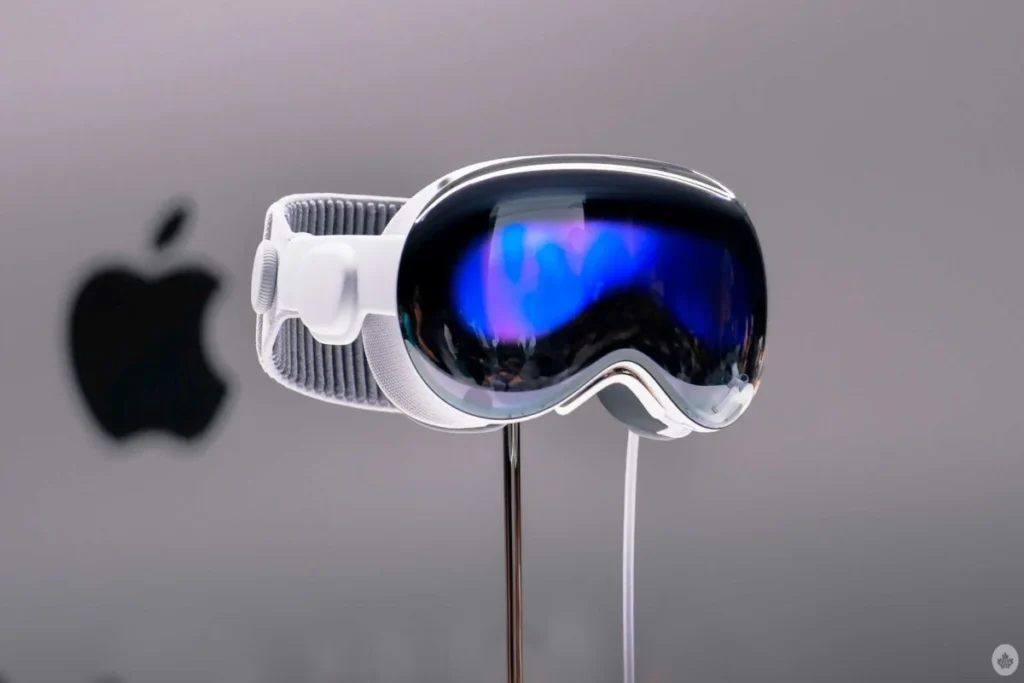 Close-up of Vision Pro M5 mixed reality headset showcasing modern design and neon tech effects.