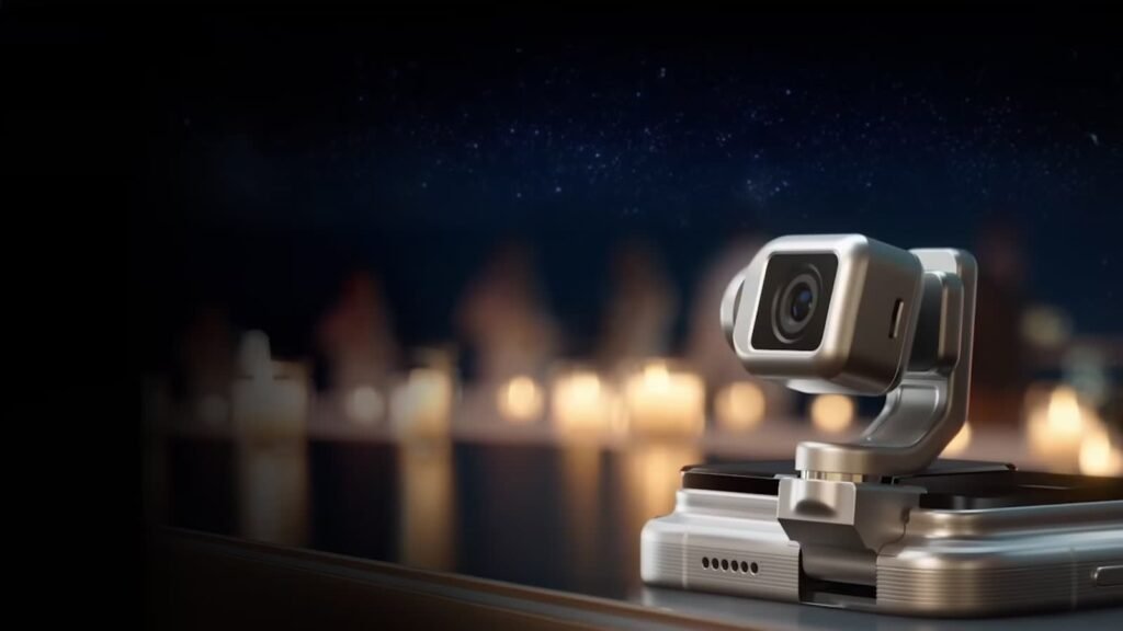 “Futuristic HONOR Robot Phone with robotic camera arm and glowing AI interface on stage background.”
