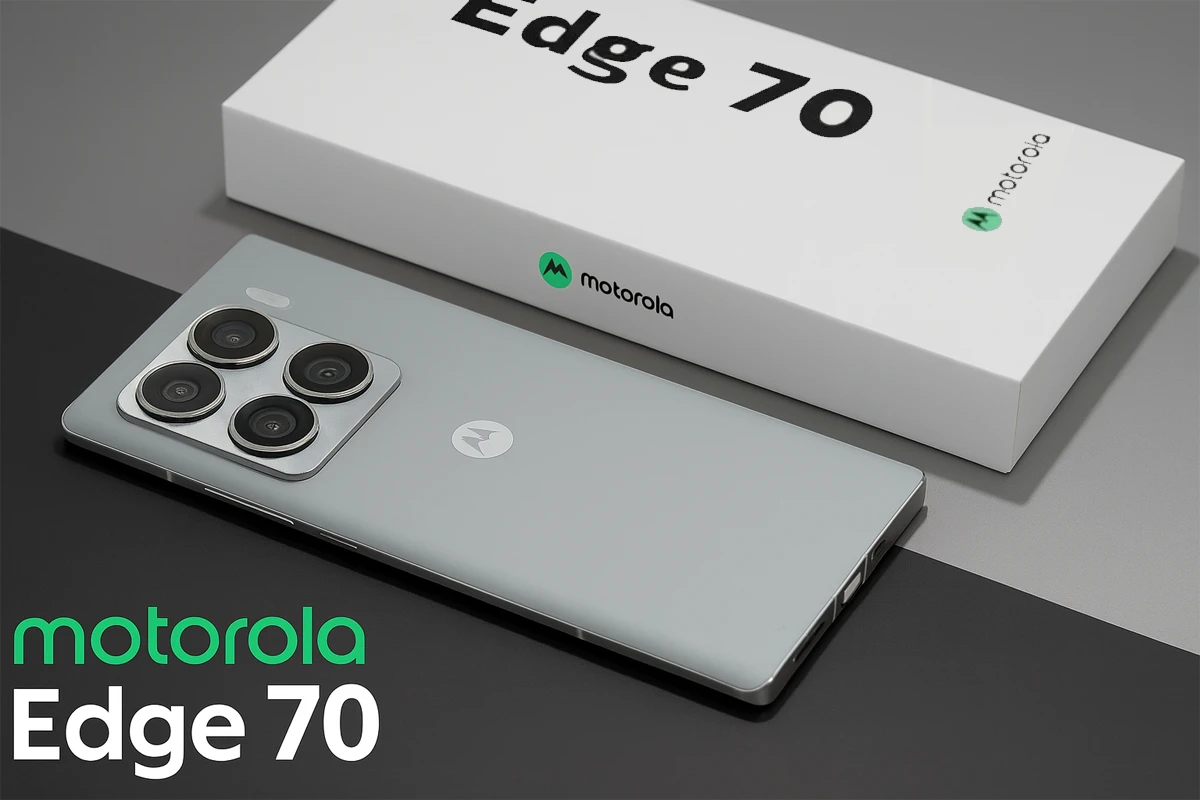 Motorola Moto Edge 70 smartphone with elegant matte finish and quad-camera design placed beside its minimal packaging.