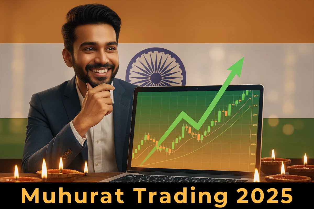 Smiling Indian investor sitting beside glowing Diwali lamps, looking at a laptop showing a green upward stock chart during Muhurat Trading 2025.