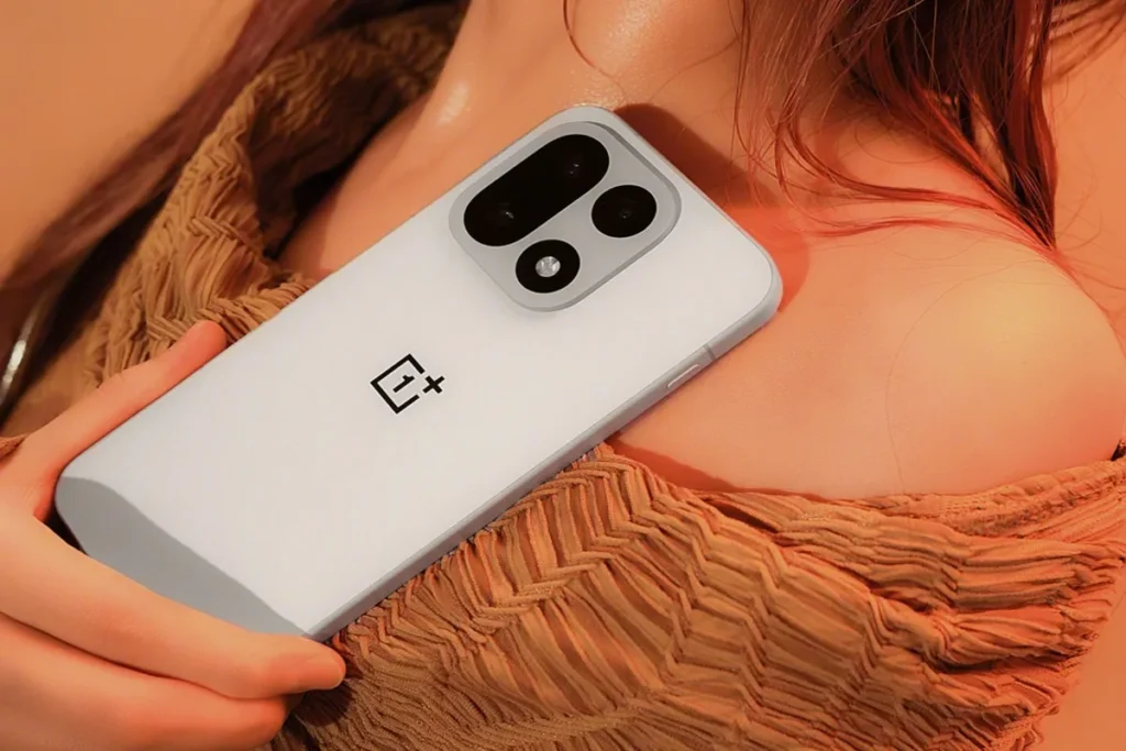 Close-up view of a modern OnePlus phone running OxygenOS 16 Open Beta with glowing futuristic UI elements.