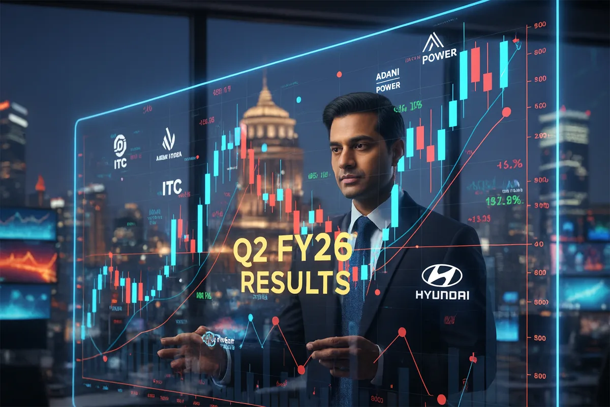 Business analyst reviewing stock charts and company reports during Q2 FY26 earnings India season showing performance of ITC, Adani Power, Hyundai Motor and Canara Bank.