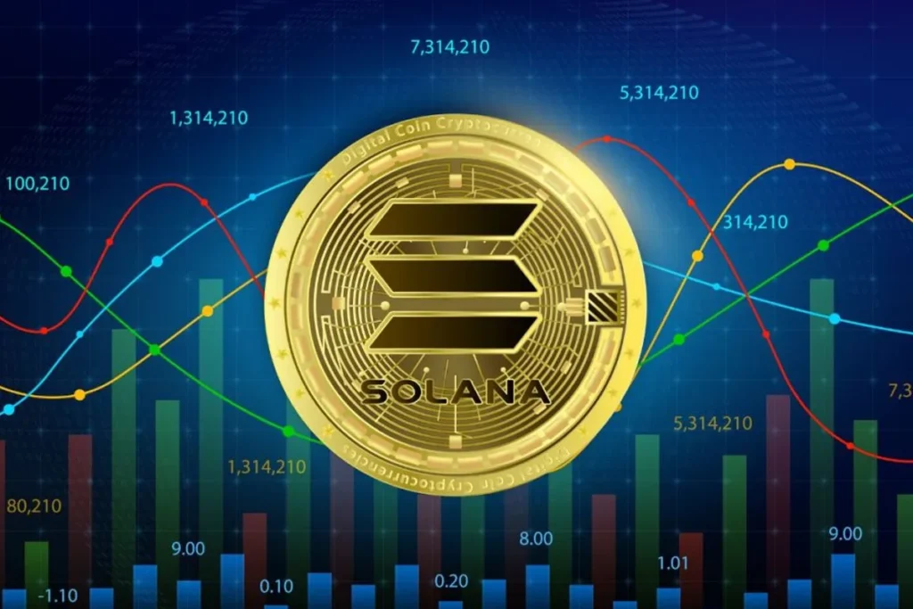 Golden Solana coin with rising arrow representing increasing Solana price and positive crypto market momentum in 2025.
