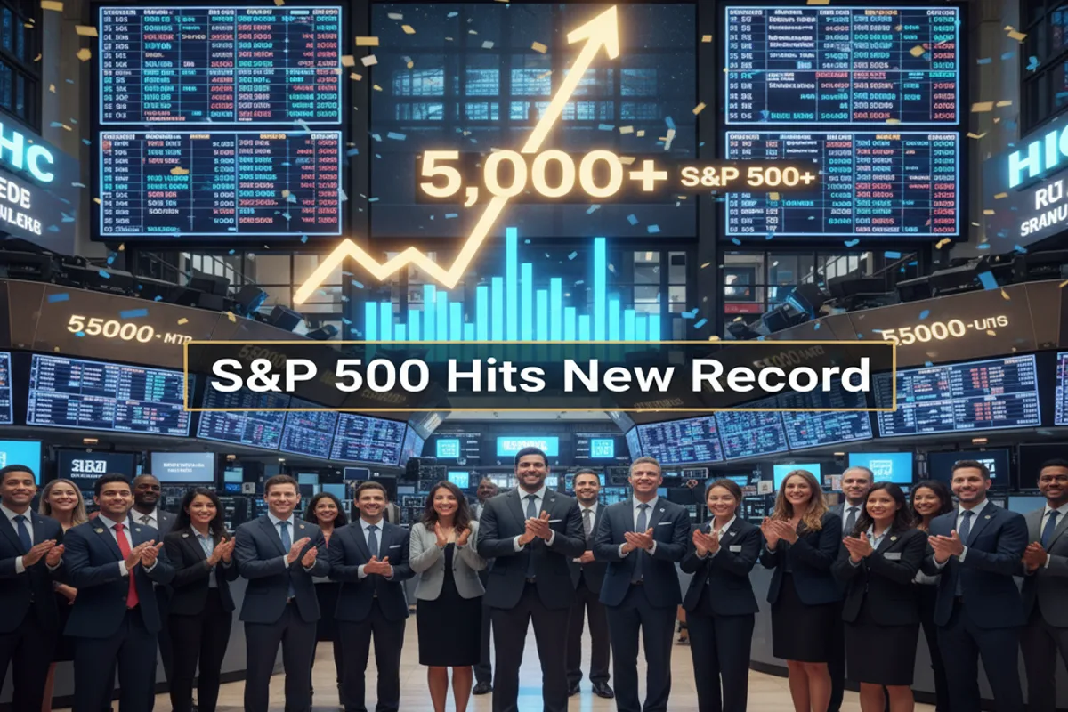 New York Stock Exchange traders applauding under digital stock screens showing the S&P 500 hits new record milestone, reflecting strong market performance and positive sentiment.