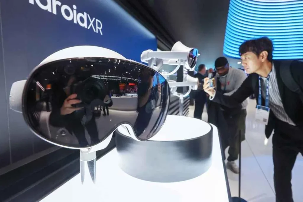 Samsung Galaxy XR headset price highlighted through a futuristic render showing the sleek headset surrounded by holographic Android apps in a digital environment.