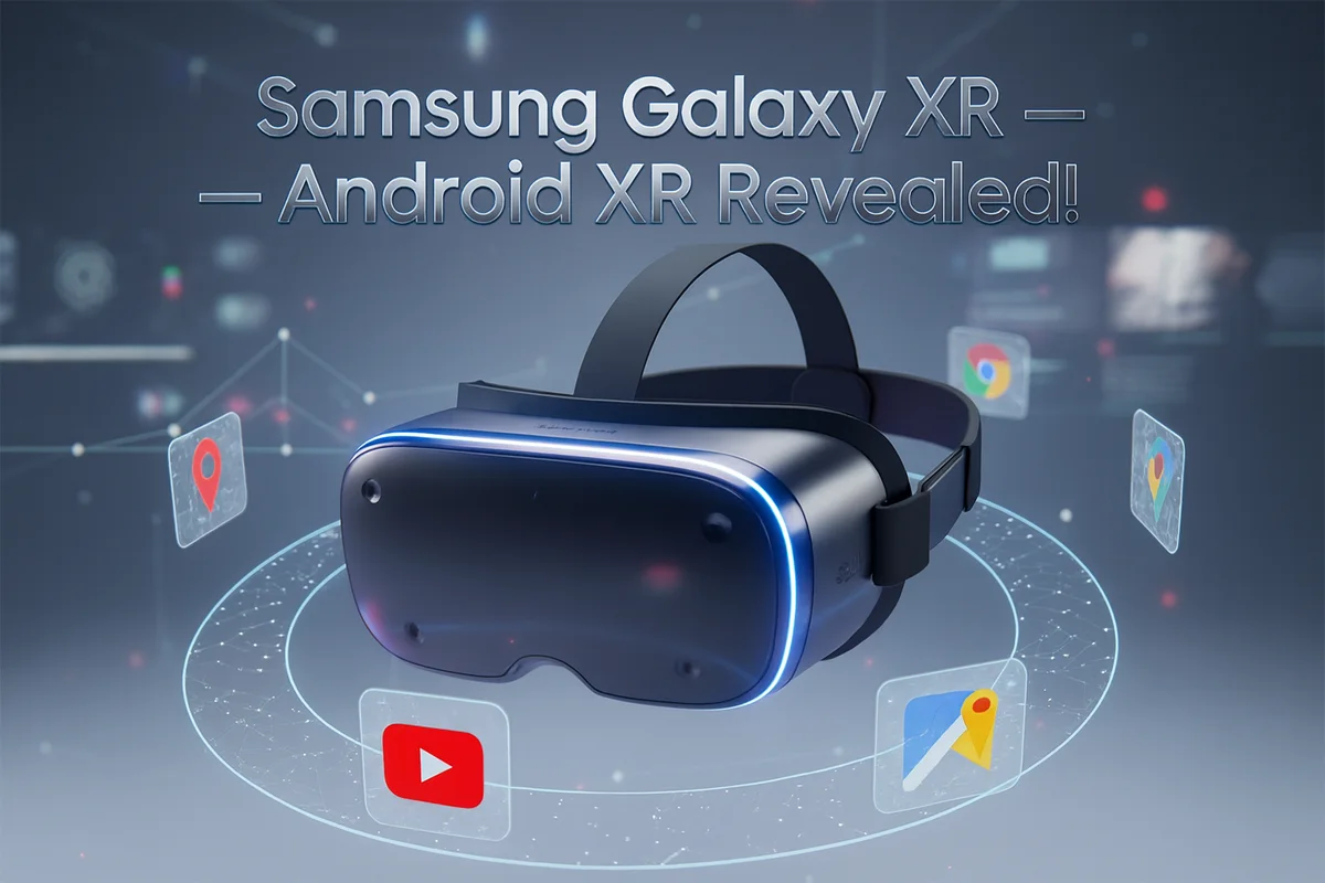 Samsung Galaxy XR headset with glowing blue edges surrounded by holographic app icons representing Android XR’s immersive digital experience.
