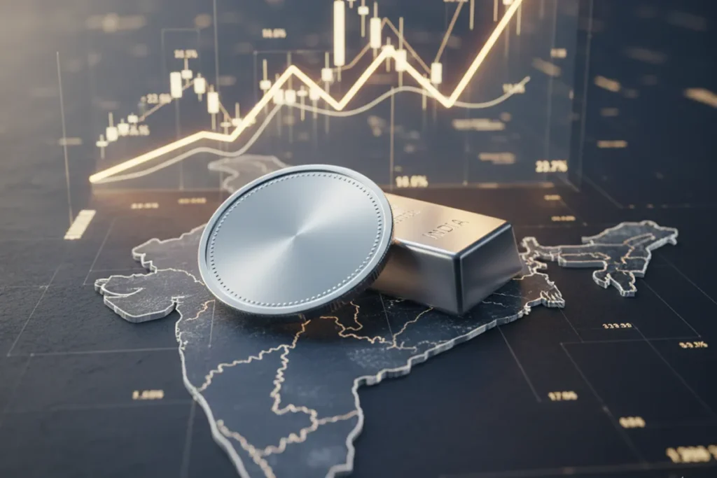 Global silver bars with an upward financial graph showing rising silver prices in 2025.