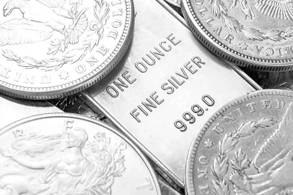 Silver price today India with silver coins and bars showing latest city-wise silver rate updates in 2025.