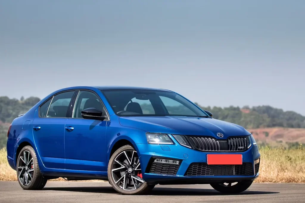 Skoda Octavia RS 245 sedan front angle showcasing bold design and premium styling with price highlights in India