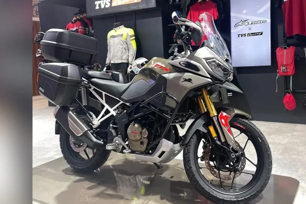 TVS Apache RTX 300 standing on desert highway showcasing touring features