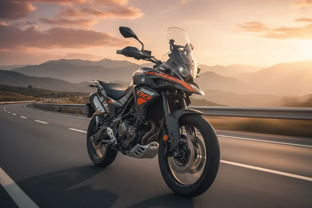 TVS adventure bike 2025 riding through desert trail showcasing off-road capability and modern styling.