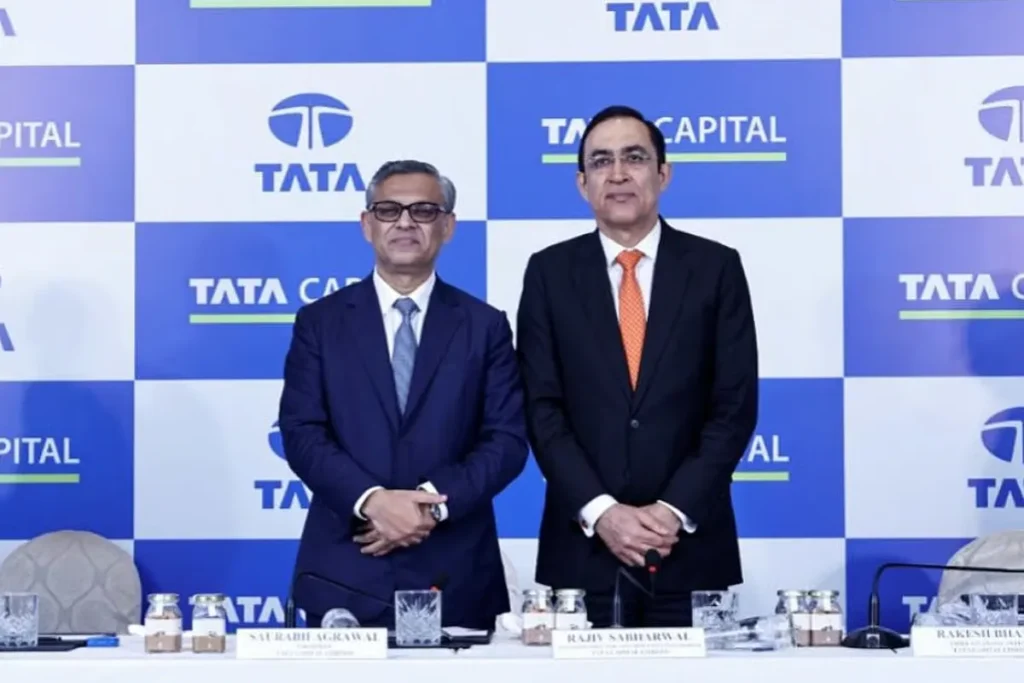 Tata Capital IPO Listing Date — investors cheering stock market rally with Tata Capital logo and green upward trend arrows.