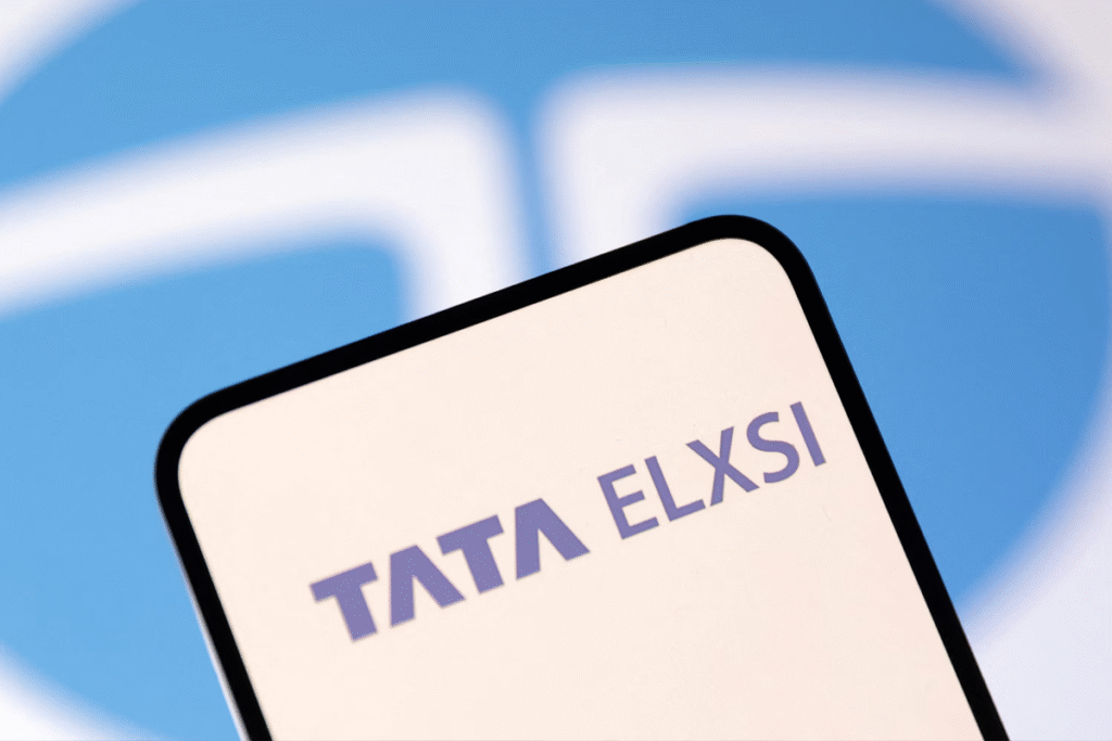 Digital stock chart representing Tata Elxsi Q2 FY26 results with candlestick trends, upward arrow, and company logo.