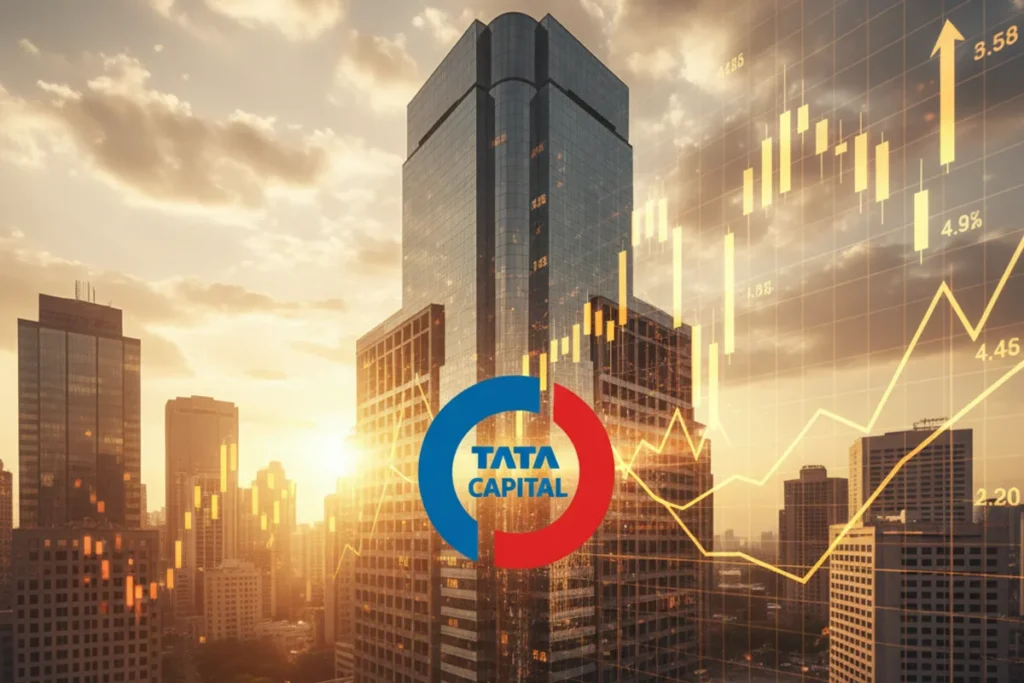 Business team celebrating Tata Capital IPO listing date 2025 with ₹15,512 crore issue displayed on digital stock market board.