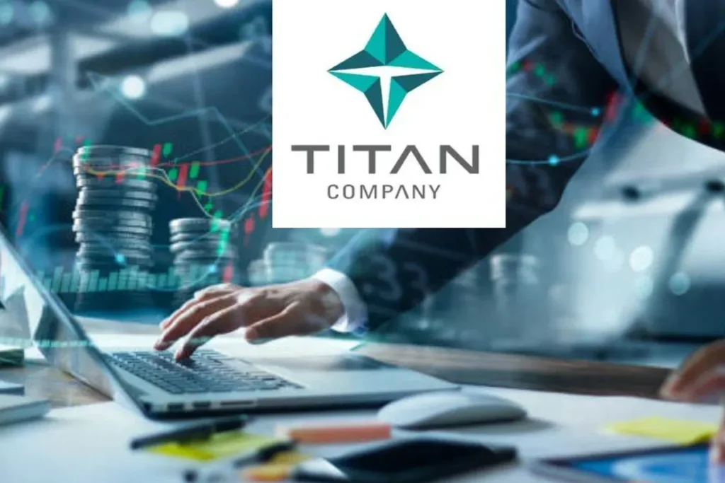 Titan Shares rise with a green upward trend line inside a luxury Titan jewellery store, symbolizing investor confidence and record performance.