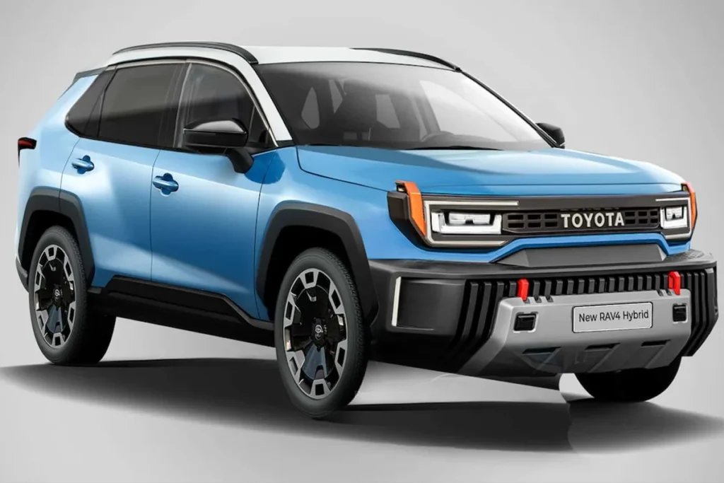 Toyota RAV4 hybrid review image showing the 2025 RAV4 Hybrid parked inside a premium showroom with elegant lighting and futuristic SUV design.