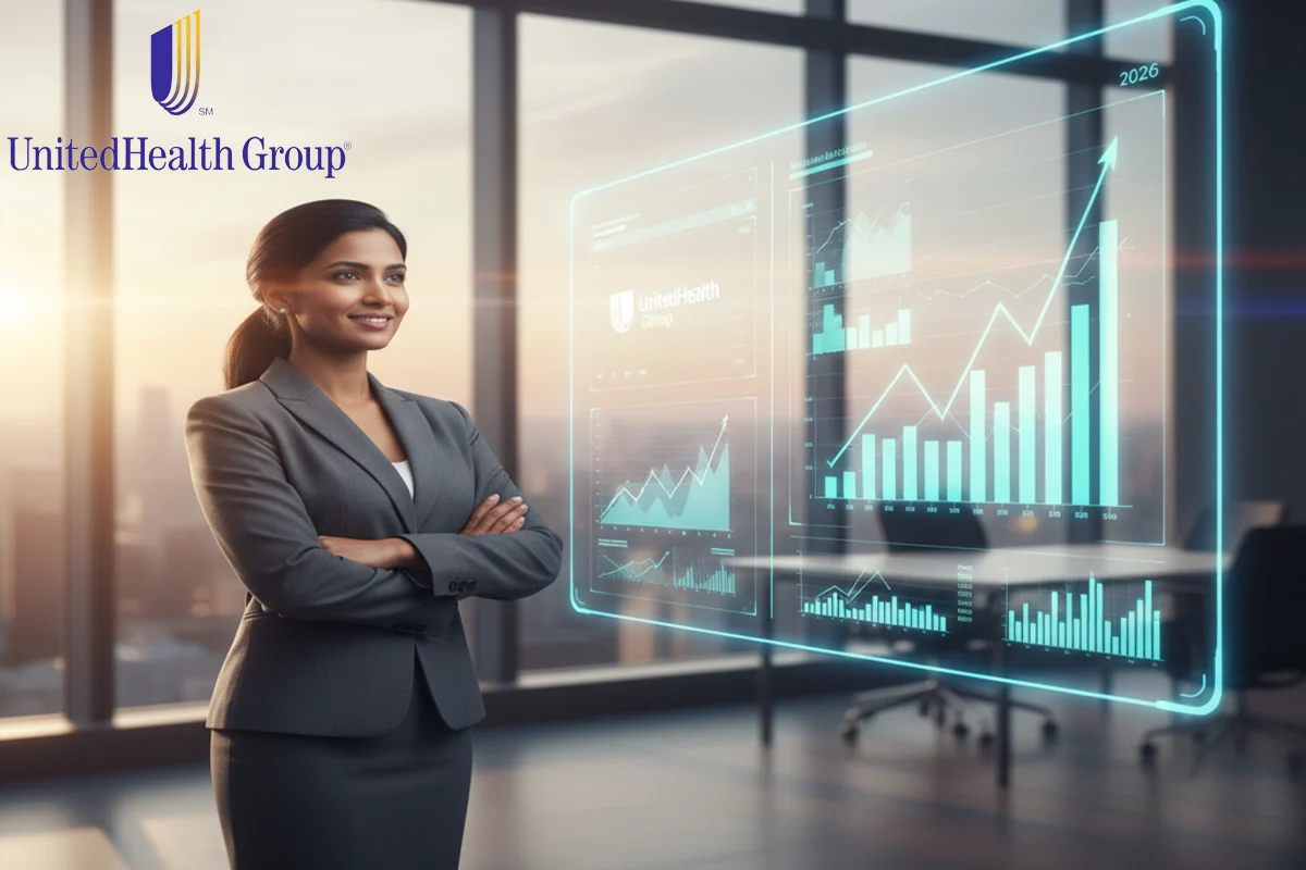 UnitedHealth executive reviewing digital financial growth charts representing strong 2026 performance and business confidence.
