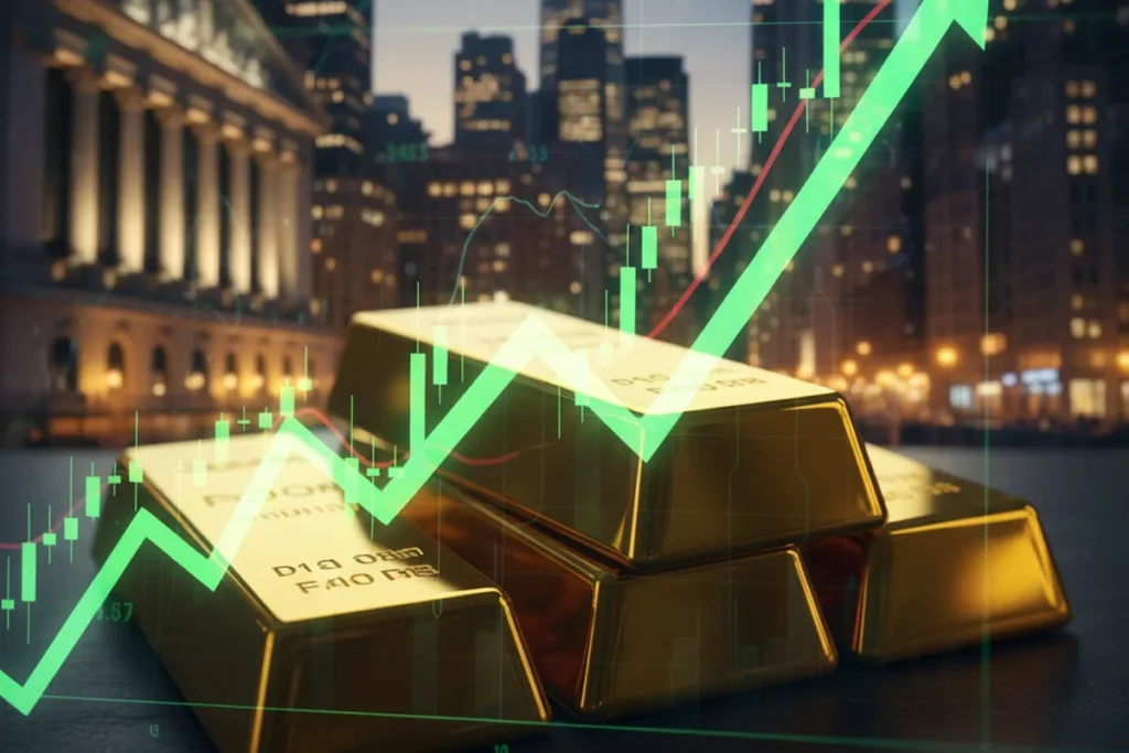 Stack of gold bars with an upward green stock chart symbolizing a strong gold rally in 2025 financial markets.