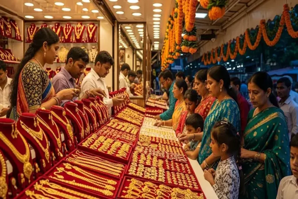 People buying gold jewellery in a decorated store amid festive rush, reflecting changing gold rate today in India.