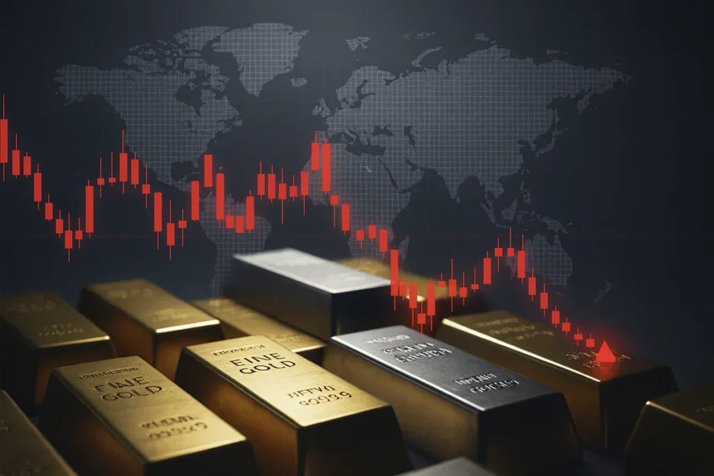 Stacks of gold bars with financial chart in background representing gold reaching record high levels in 2025 due to global market fears.