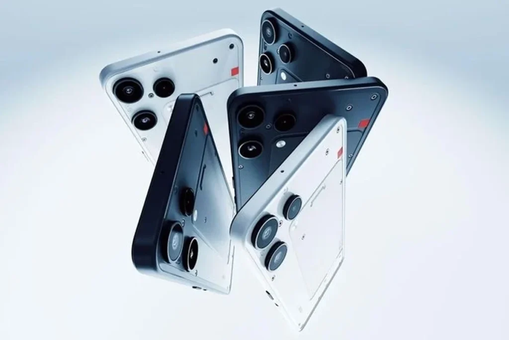 nothing 3a lite smartphone displayed at the official launch event featuring a transparent back and a glowing LED Glyph Light.