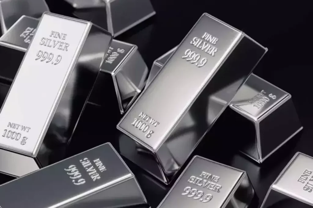 Silver 2025 trends showing silver bars, futuristic charts, and market growth projections.