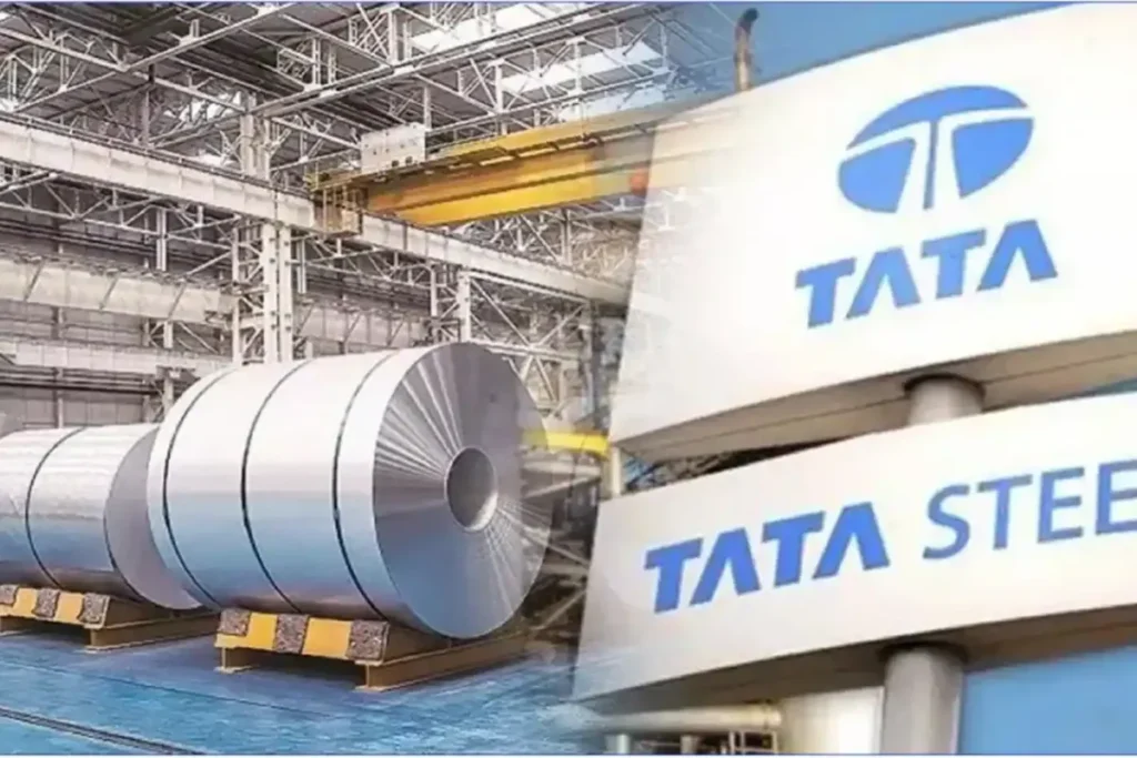 Tata Steel Shares rally illustrated with a green upward arrow and candlestick chart over a steel plant, showing sharp rise in share prices.