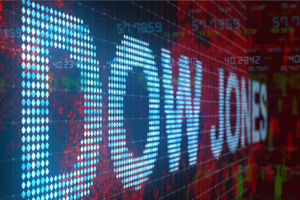 Rising Dow futures chart over gold bars and New York skyline showing positive market sentiment in 2025.