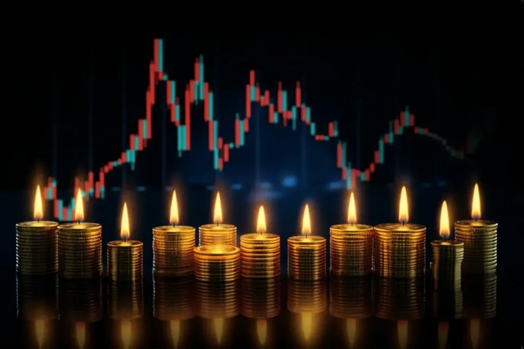 Smiling Indian investor analyzing a laptop screen with an upward stock chart and Diwali lamps around, representing auspicious stock market timings during Muhurat Trading 2025.