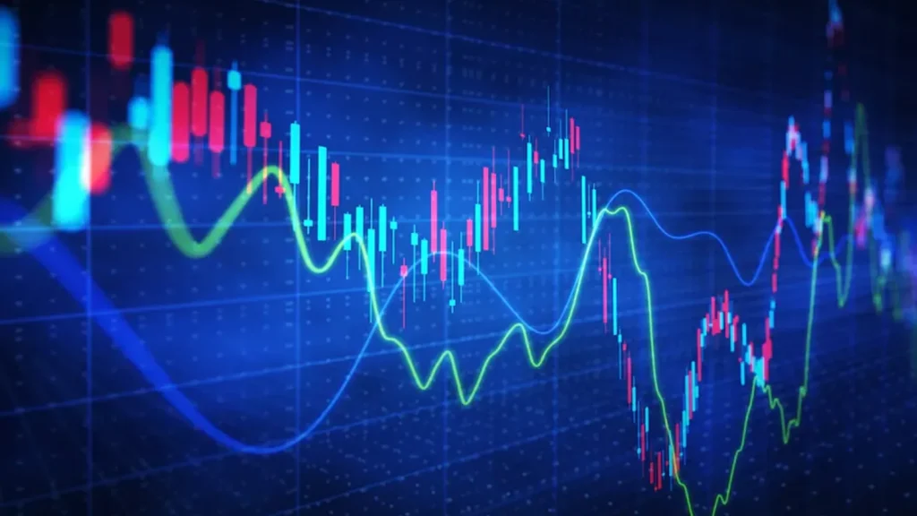 Business chart showing upward trend line representing AUM growth Bajaj Finance with company logo and financial data on digital screen.