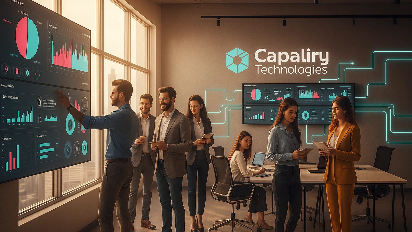 Capillary Technologies IPO team reviewing analytics dashboards in a high-tech office ahead of the company’s public listing.