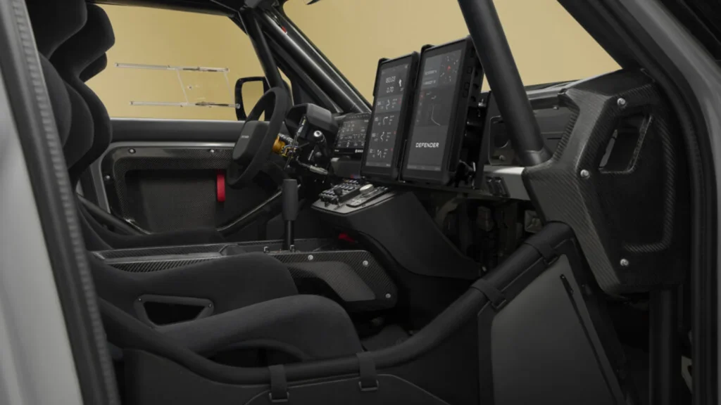 Defender Dakar D7x-R Indoor View highlighting the SUV’s cockpit-style interior with racing seats, control switches, and performance-focused design.