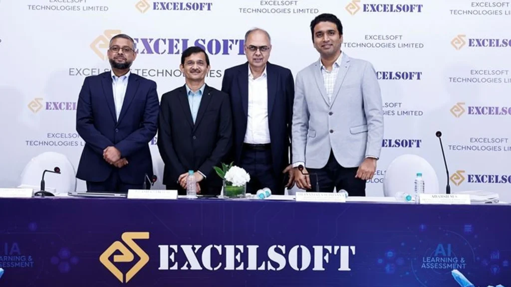 Illustration showing the Excelsoft Technologies IPO details, featuring its SaaS business model, issue size, and upcoming 2025 listing.