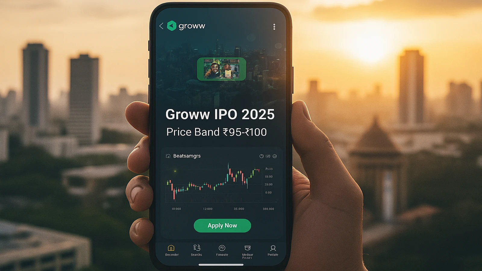 A person holding a smartphone showing Groww IPO details with price band ₹95–₹100 on Groww IPO Day 1, set against a city skyline at sunset.